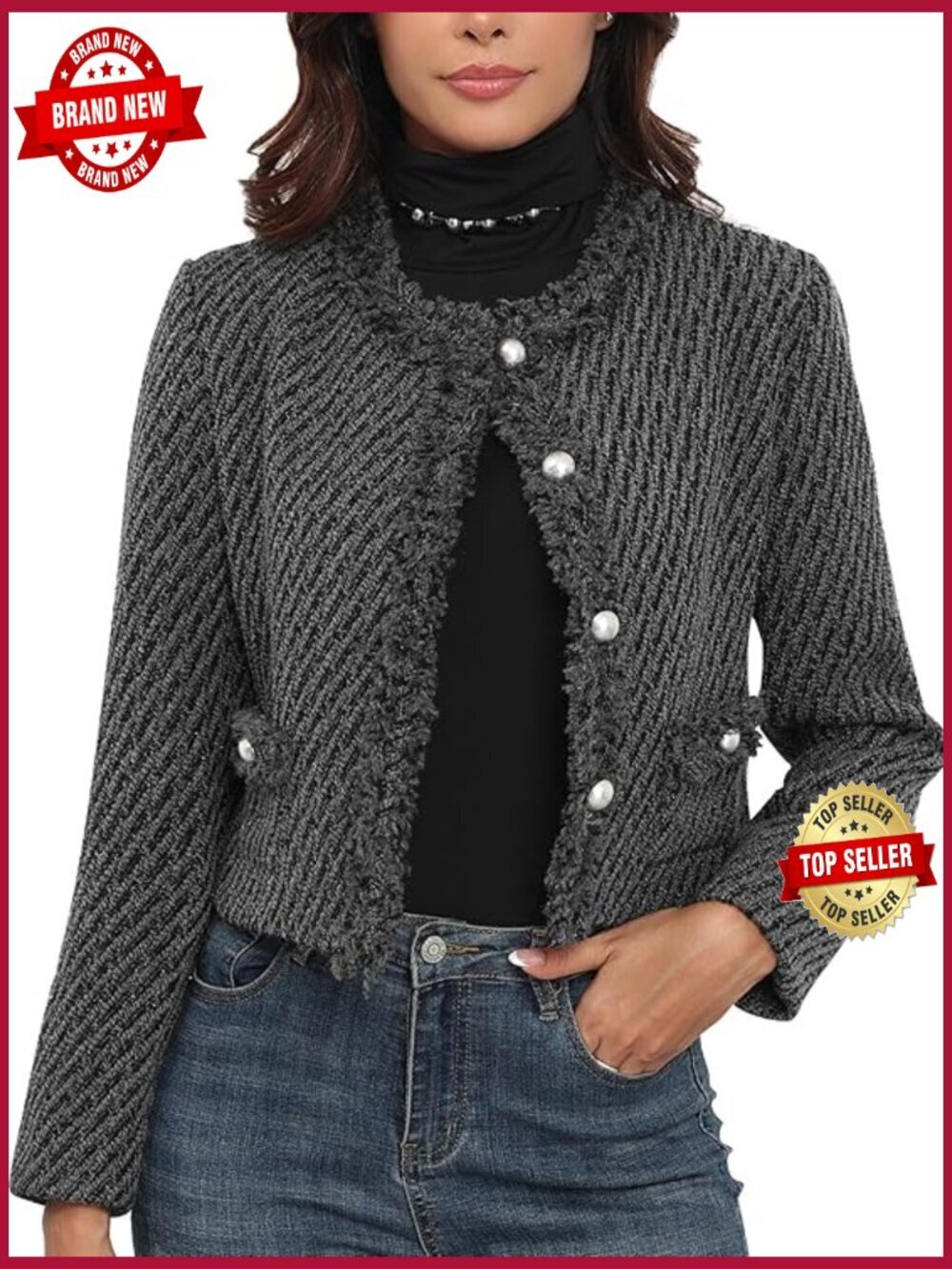Cropped Tweed Blazer with Pockets, Collarless, Long Sleeve